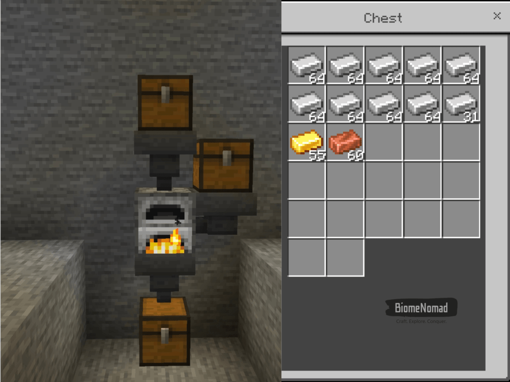 Finished minecraft auto smelter with ingots in the output chest.