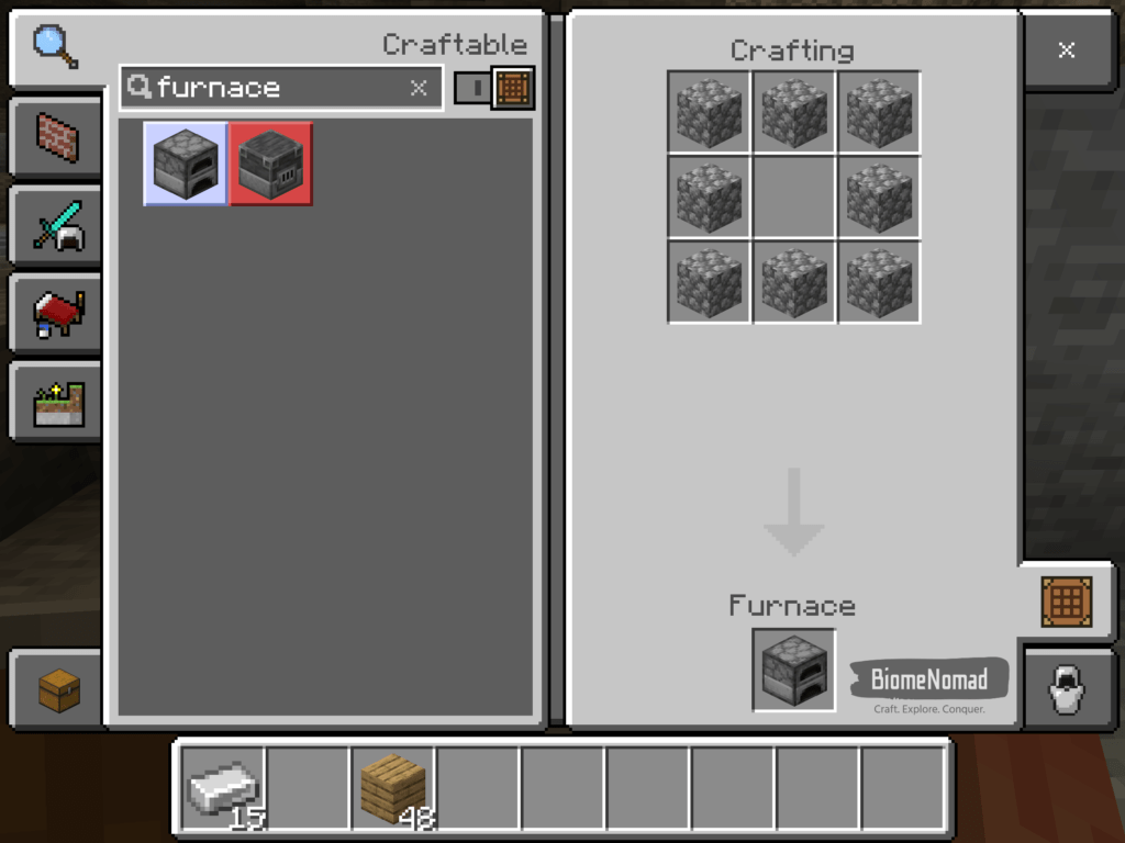 Minecraft crafting table with Furnace selected.